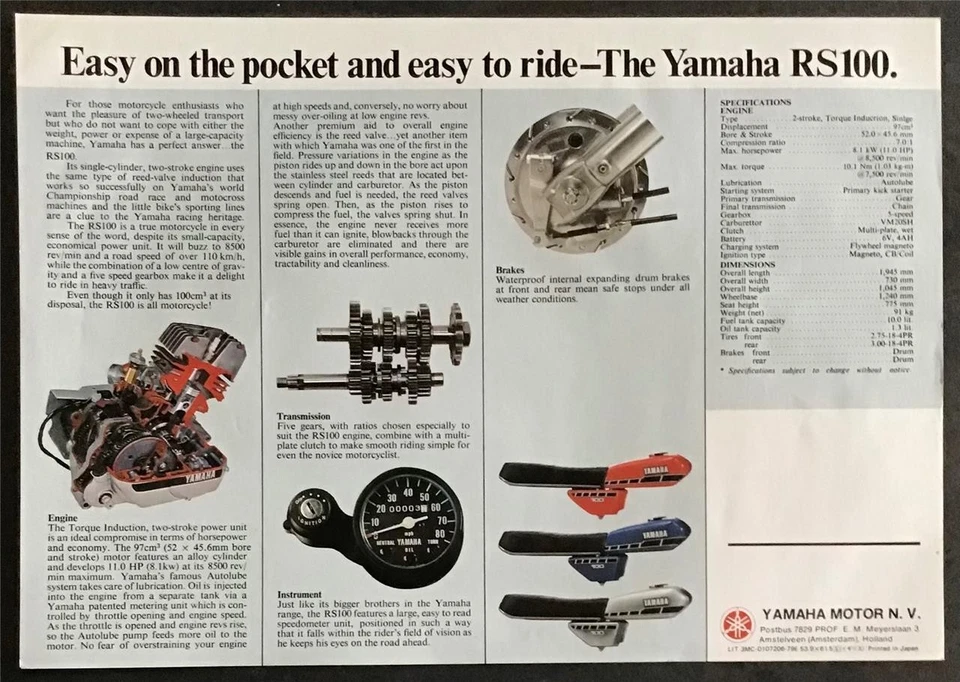 YAMAHA RS100 Motorcycle Sales Spec Leaflet c1979 #LIT-3MC-0107206-79E - Image 2 of 2