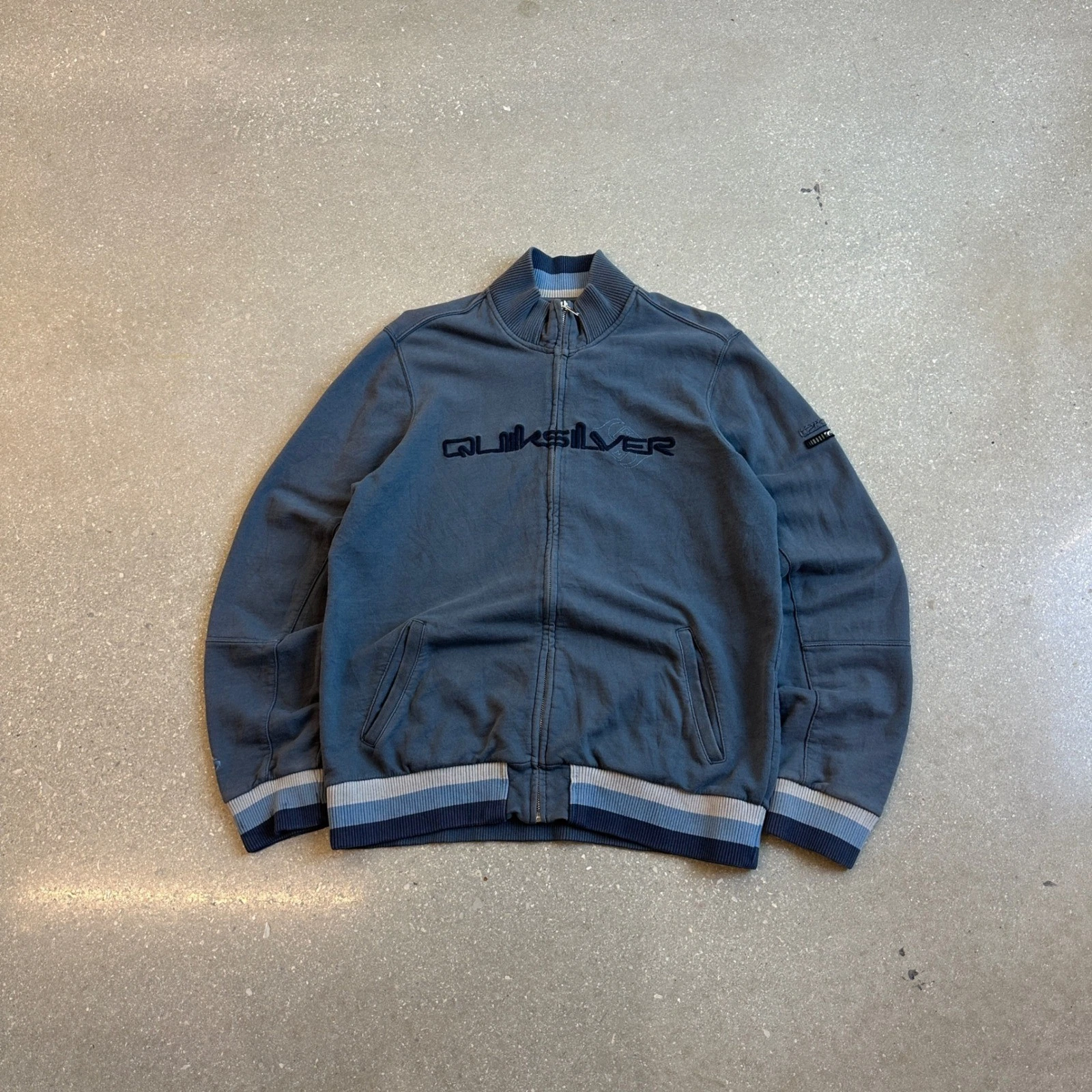 Quiksilver Men's Blue Zip Up Track Jacket Embroidered Logo Striped Cuffs Size L