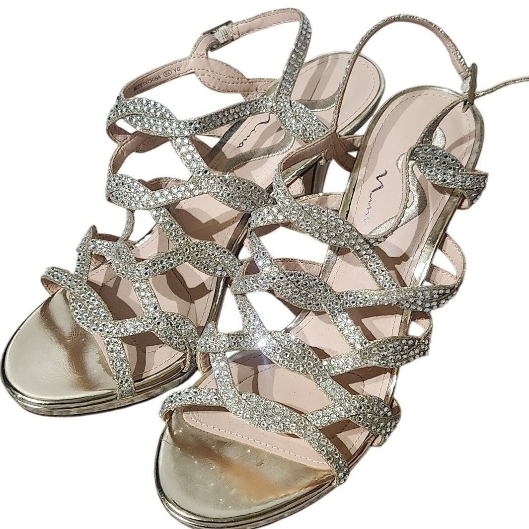 Nina gold rhinestone open toe wedding prom heels size US 9.5 | EUR 40