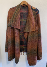John Mark Waterfall Cardigan Sweater Mottled Plaid Autumn Leaves Fringe XL