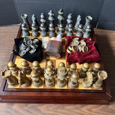 Vintage Bombay Company Chess Set Checkers Backgammon Dice Wooden Board Pre-Owned