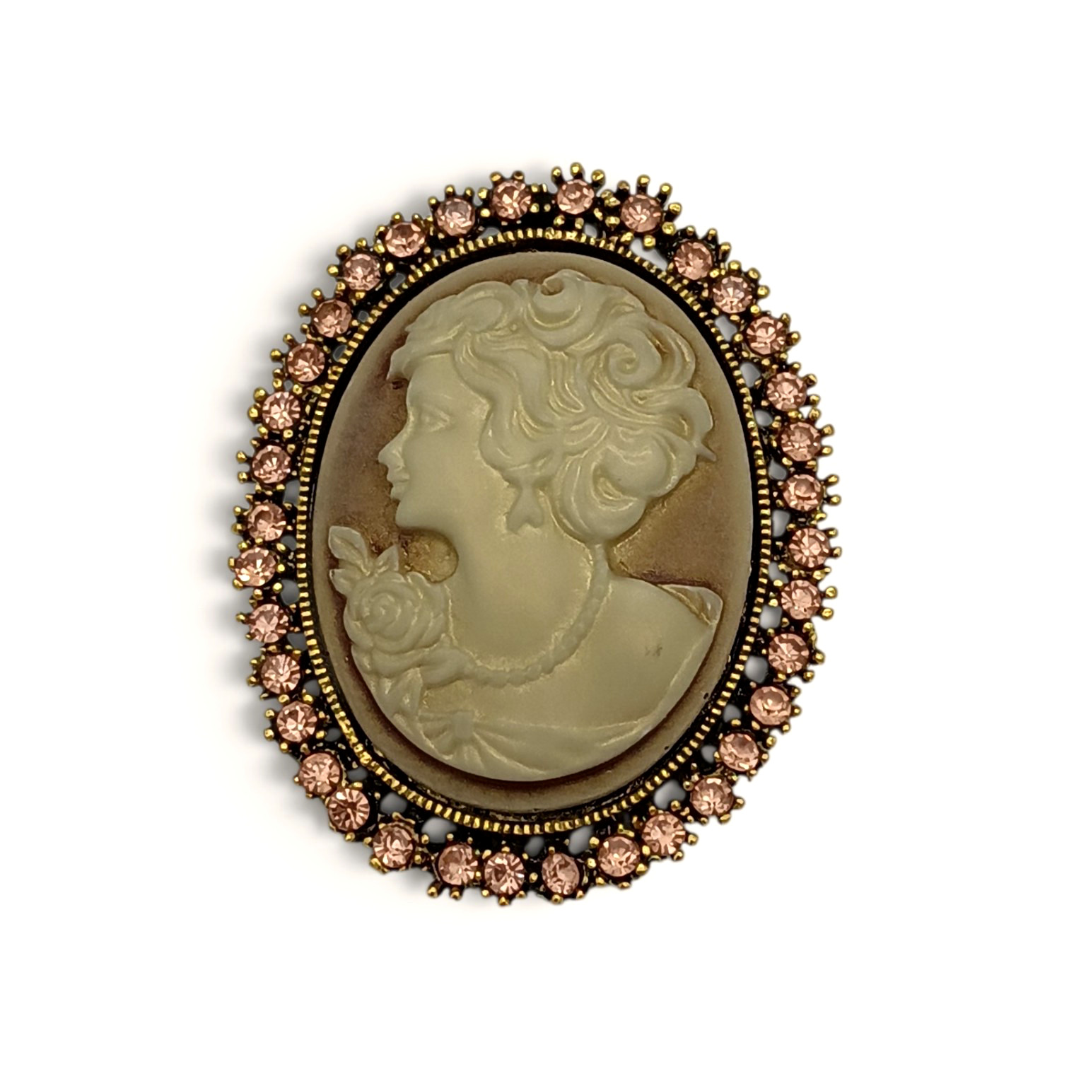 Large Vintage Style Oval Cameo Rhinestone Brooch in Goldtone
