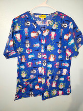 WonderWink Womens Patterned Print Blue Multicolor V-Neck Scrub Top - sz L