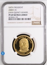 Sixth President, John Quincy Adams 2008 S $1, PF69 Ultra Cameo NGC