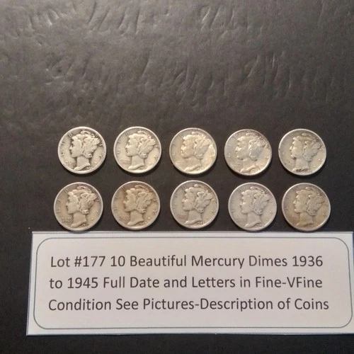 Lot#977 10 Beautiful Mercury Dimes Full Dates & Letters Fine-VF 1936 to 1945