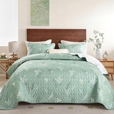 Sage Green Quilt Set King Size Reversible Botanical Floral Quilt Bedding Set