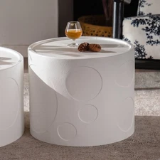 Handcrafted Relief Round Pedestal Side Table w/ Sturdy MDF Base, Creamy White