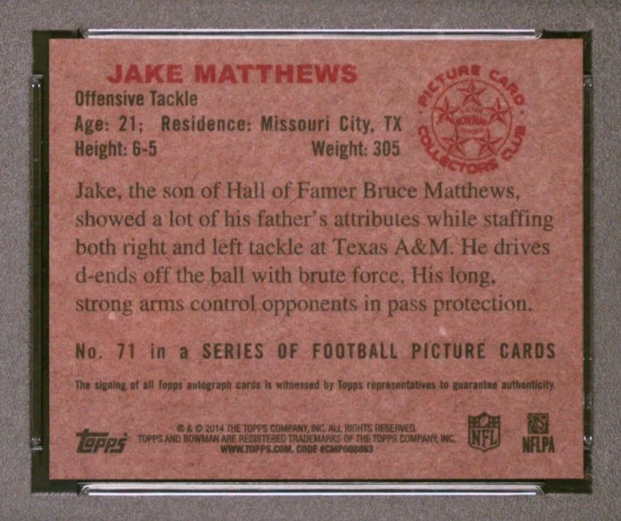 2014 BOWMAN JAKE MATTHEWS #71 AUTO 1950 MINI ROOKIE CARD #/99 | PSA 10 GMT POP 1 - Image 4 of 4