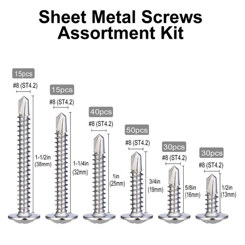 180pcs #8 sheet metal screws assortment kit 410 stainless steel self tapping sc - Picture 2 of 6