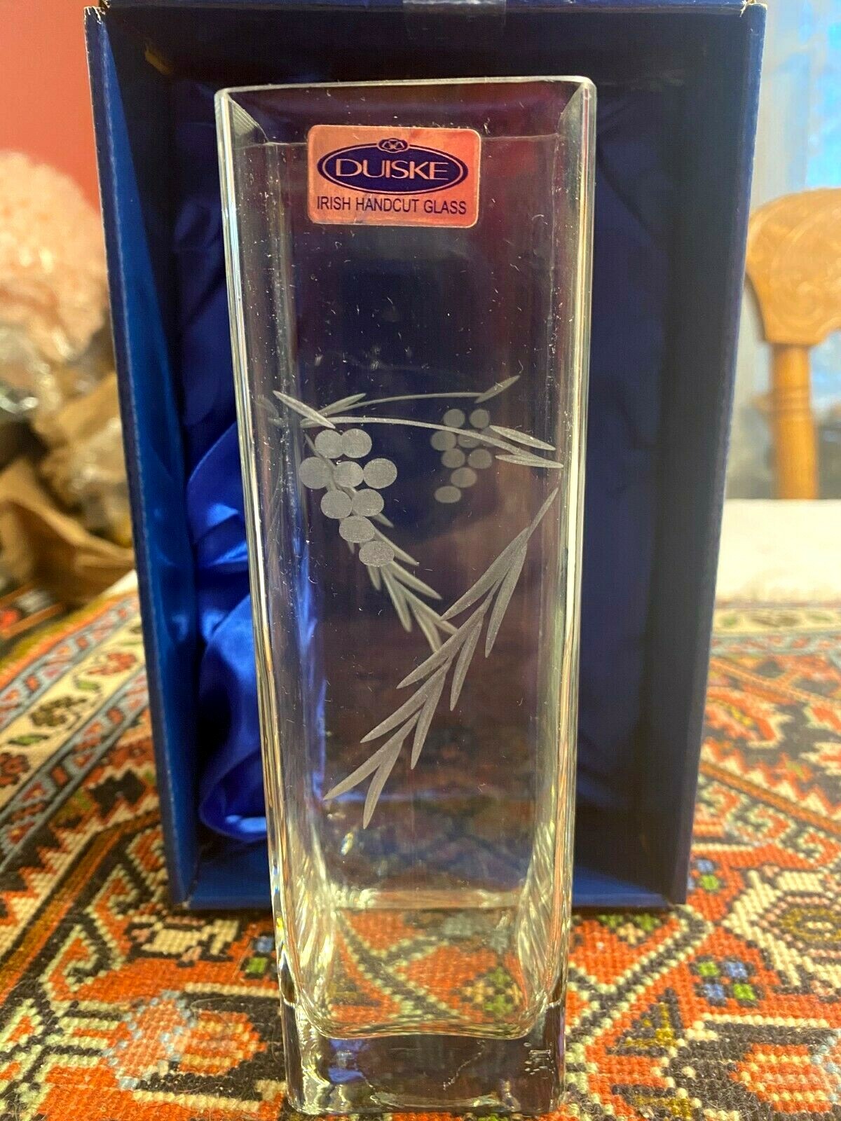 Duiske Irish Handcut Glass 7 1/4" x 2" Square Vase Grapes and Vine