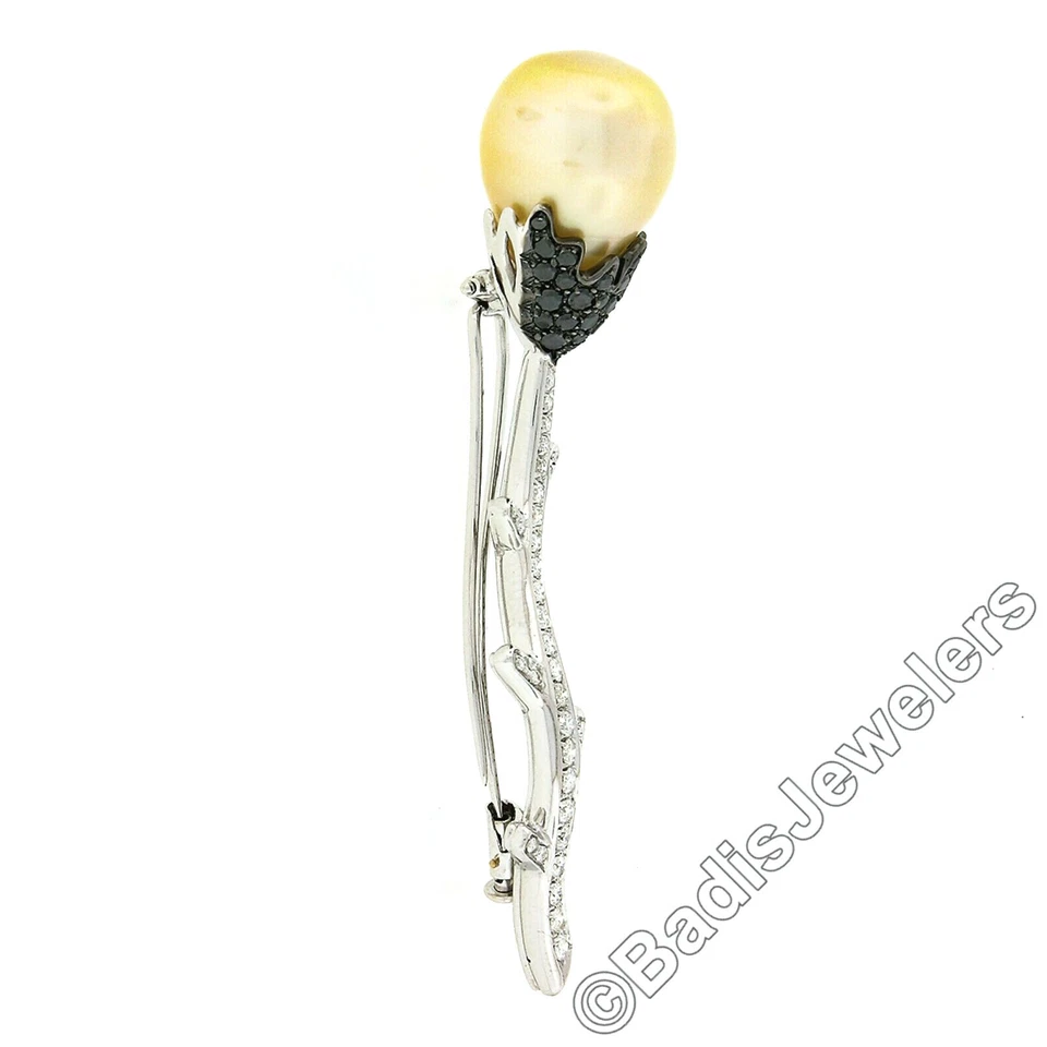 18k White Gold South Sea Pearl w/ 2.48ct White & Black Diamond Flower Brooch Pin - Image 4 of 4