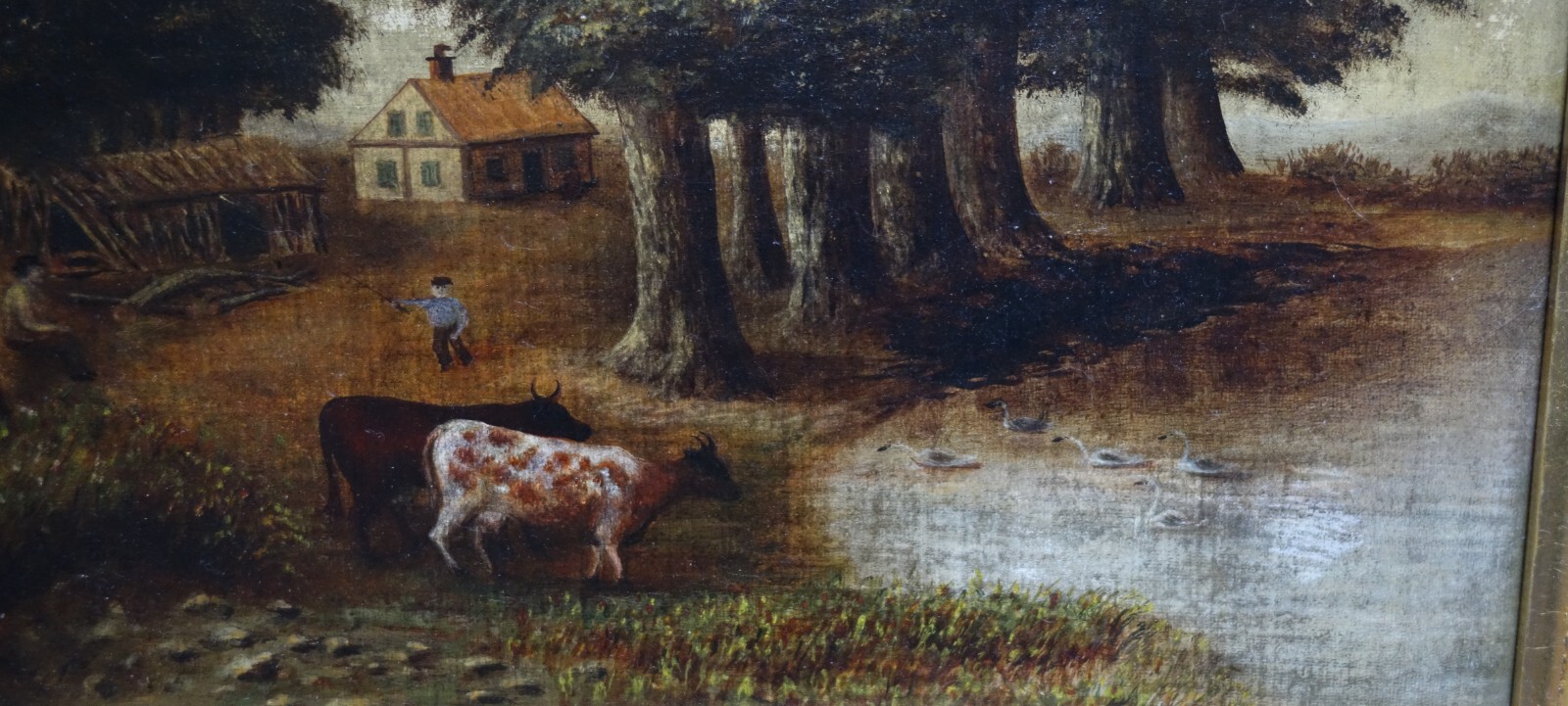 Original Antique Naive Oil Painting on Board Farm Scene Landscape with ...