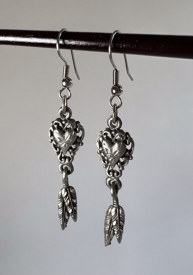 EJC 95 Signed Earrings, Pewter, Carved Heart Filigree, Feather