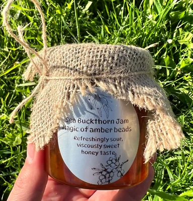 LITHUANIAN Hand-Picked and Home Made Sea Buckthorn Jam Magic Amber Beads 250 ml Glass Jar