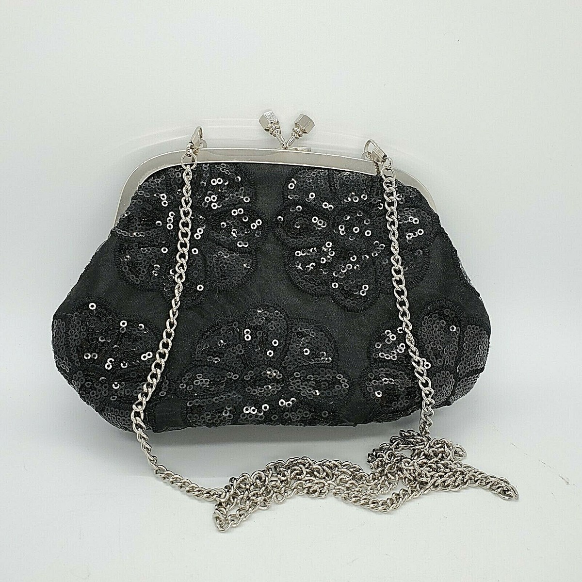 Charming Charlie Black Sequin Evening Bag Purse Pocketbook Chain Flower  Small