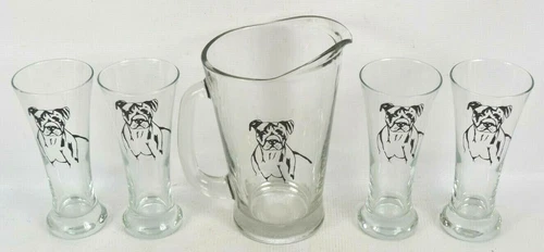 Pitbull Boxer 60 oz Glass Pitcher with 4 Pilsner Glasses Beer Bar Pub Glassware