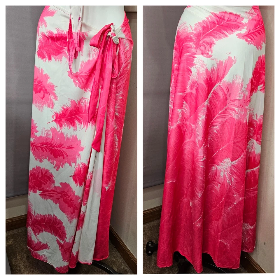 Beach Swim Cover Up Tie Crop Top Sarong Skirt 2 pc M L XL Pink White Floral - Image 4 of 4