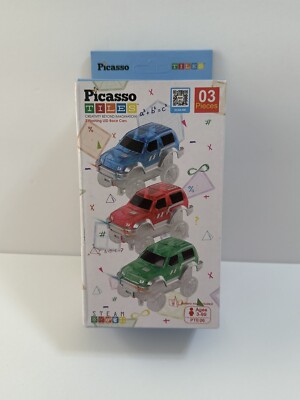 NEW Picasso Tiles Flashing LED Race Cars 3 Pack Creativity Beyond Imagination