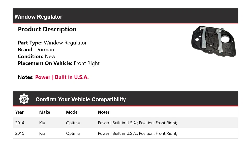 Regulador de ventana delantero derecho para Kia Optima Dorman 2014-2015 Foto 2 de 4