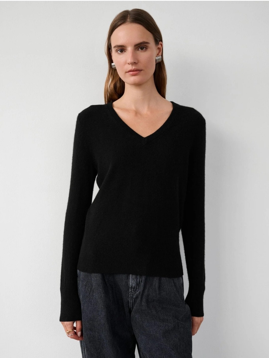 White + Warren Womens 100% Merino Wool Black VNeck Sweater Size Small