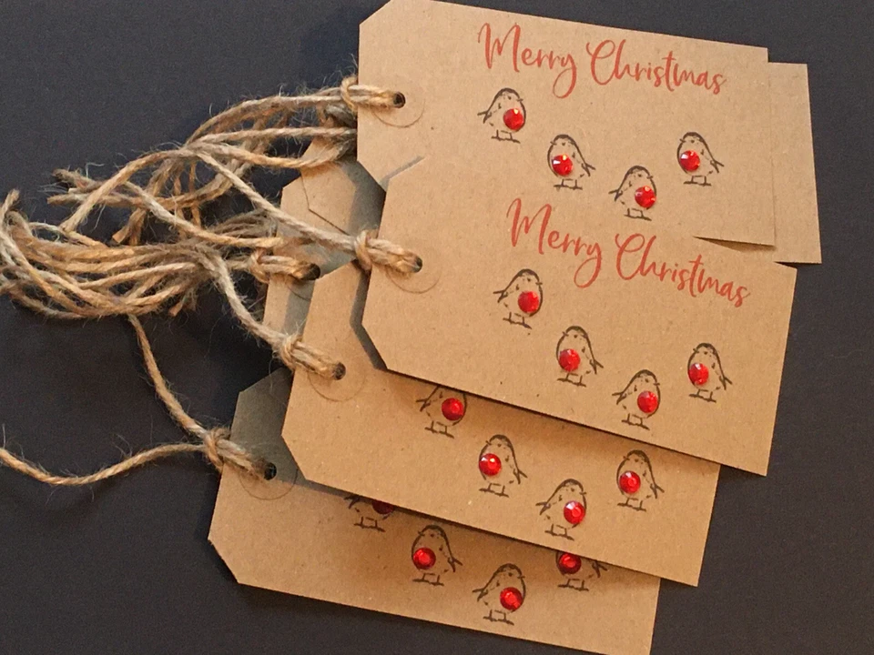 10 Large 120 x 60mm Kraft Embellished Robins Red Gem Christmas Gift Tag Label