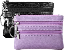 Chelmon 2 Pack Leather Coin Purse Pouch Change Card Holder Wallet with Keychain 