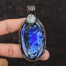 Blue Dendrite Opal Copper Gift For Mom Wire Wrapped Pendant 3.43"