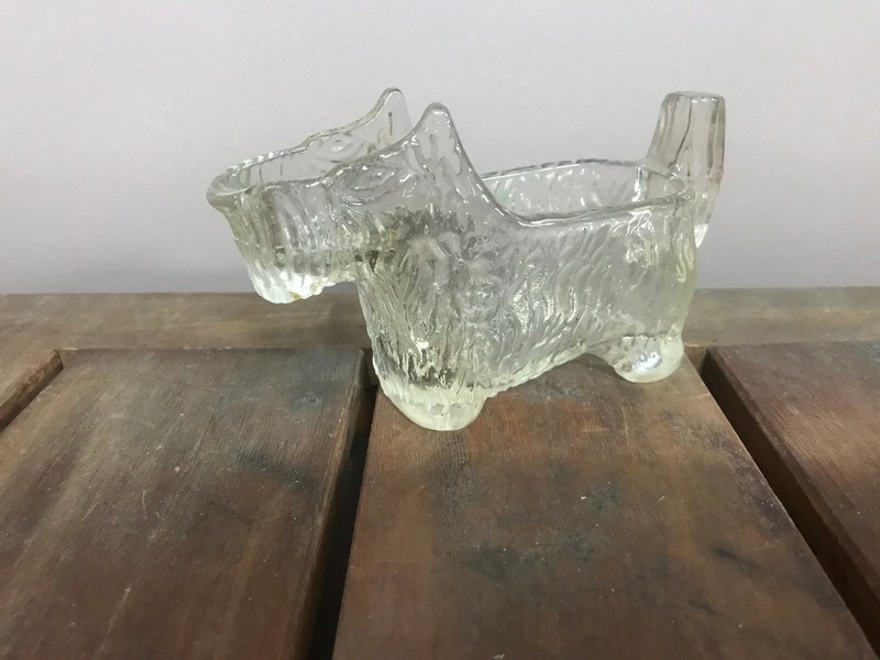 Vintage Scottie Dog Clear Ribbed Glass Creamer or Pipe Holder Or Spoon Holder