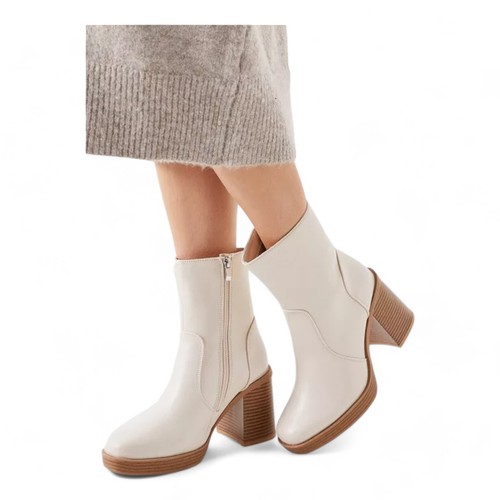 Ladies Heeled Ankle Boots Cream Zip Up Vegan Leather Womens Block Heel Size 3-8 - Picture 6 of 16