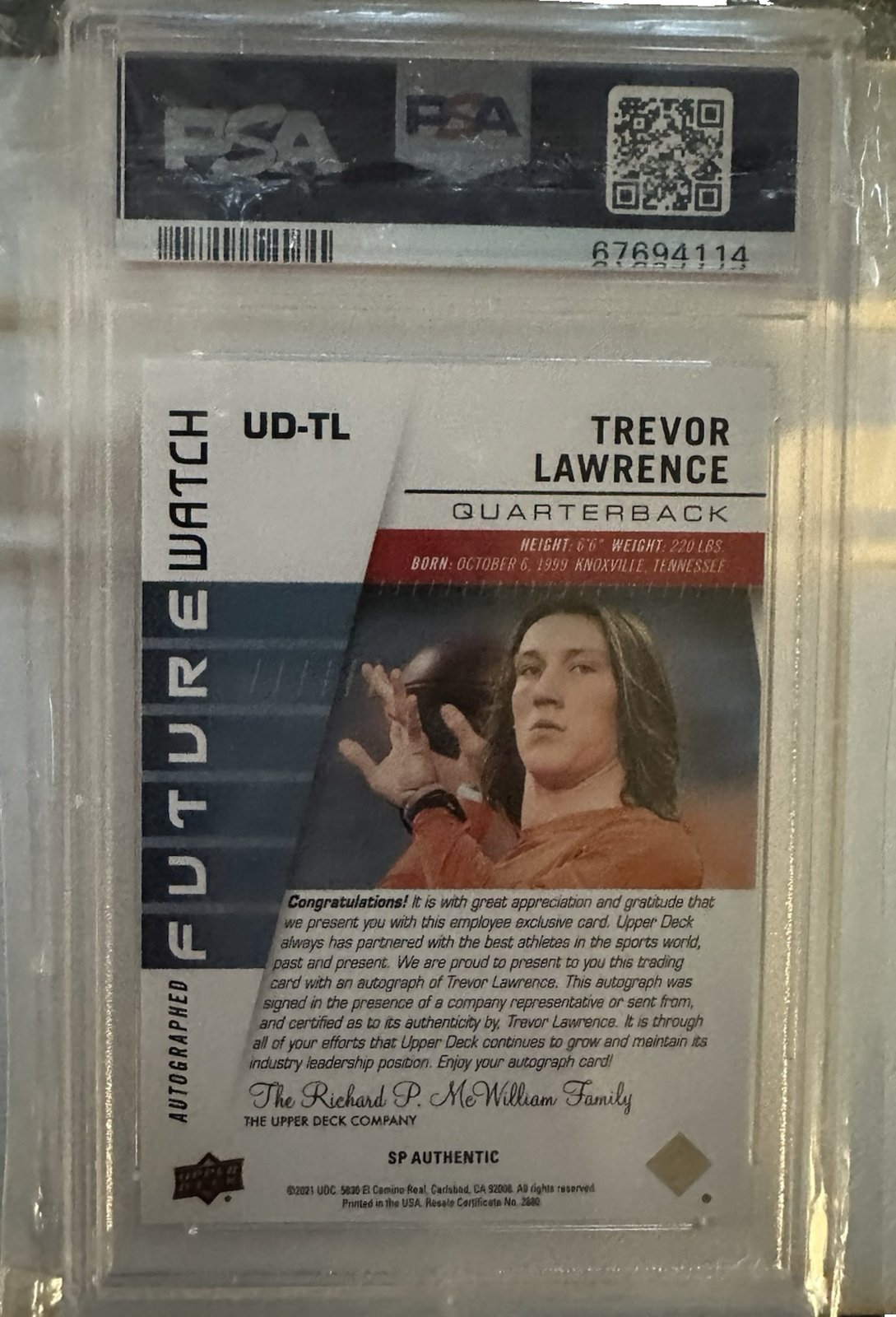 Trevor Lawrence 2021 Upper Deck Employee Exclusive Rookie Auto PSA 9 view 2
