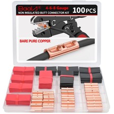 100 PCS 4/6/8 Gauge Non Insulated Butt Connectors Kit with Heat Shrink Tube 4...