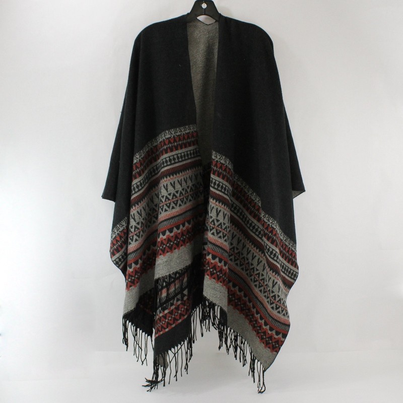 Fringed Shawl Black, Gray and Red Tribal Print One Size