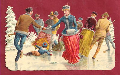 Very Rare Chromo Decoupis Beautiful Day Of Magnificent Skaters In The 19th Century.