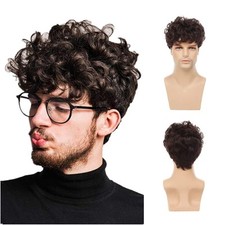 Swiking Men Curly Brown Wig Short Layered Fluffy Synthetic Hair