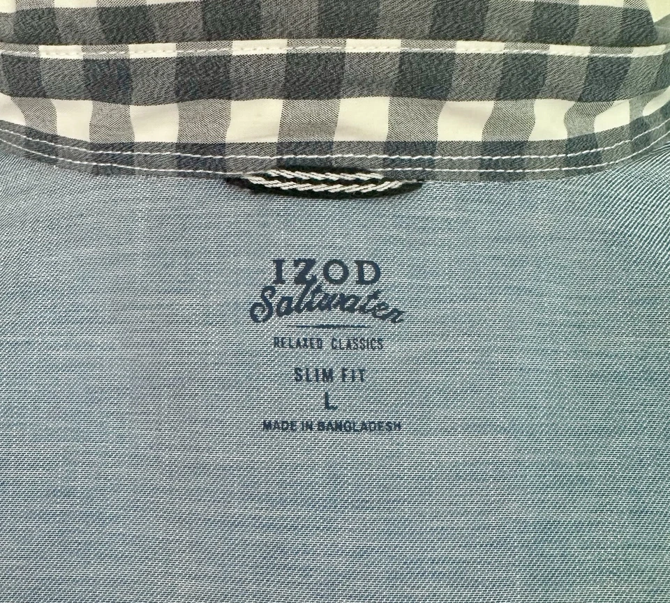Camisa clásica relajada de agua salada IZOD para hombre L azul blanco guinga abotonada Foto 4 de 4