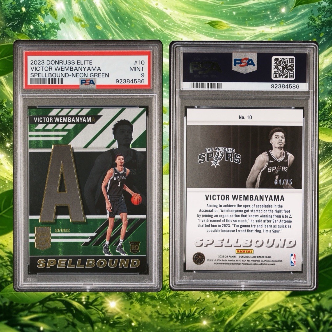 2023 Donruss Victor Wembanyama Spellbound Neon Green Refractor /75 RC PSA 9 #10 view 3