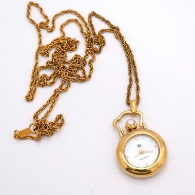 MIKIMOTO JAL Pearl Pendant Watch necklace Shell Quartz Gold JAPAN - Rank B