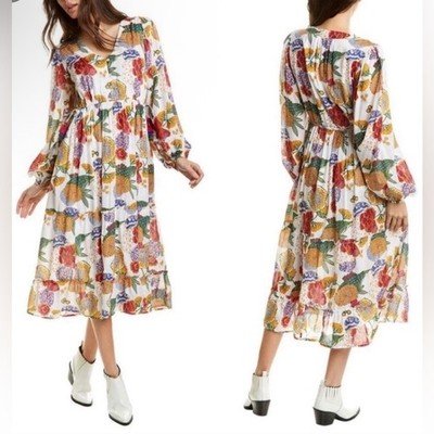 Roller Rabbit Long Sleeve Bohemian Cheri Floral Kiana Tiered Midi Dress Size S