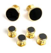 Vintage Shiny Yellow Gold Plated Black Onyx Tuxedo Cufflinks  Shirt Studs Set