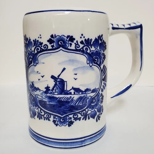 Delfts Blue Mug Hand Painted Holland Windmill Sailboat Blue White 16 oz FLAW