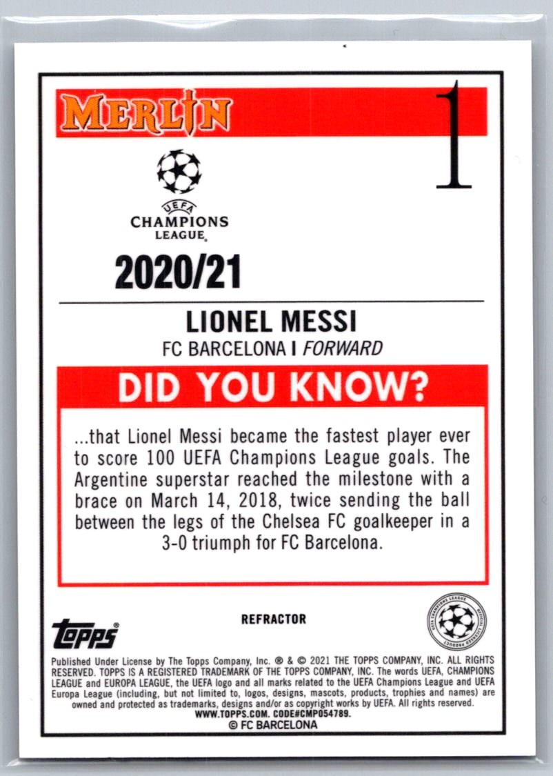 2020-21 Merlin UEFA Champions League Lionel Messi Refractor #1 view 2