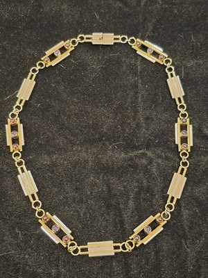 Unusual Signed Sterling & Gold Fill ART DECO Style AMETHYST Linear Link Necklace
