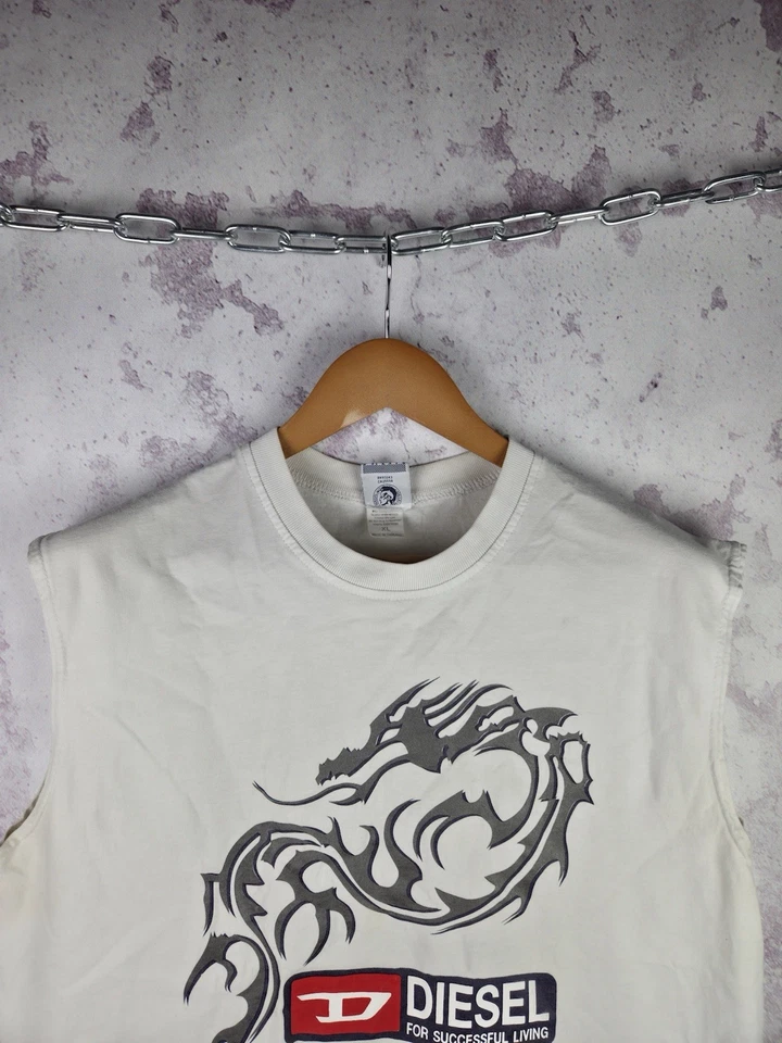 Винтажная мужская футболка Diesel японский стиль Y2K большой логотип Streetwrar белый размер XL - Изображение 2 из 4