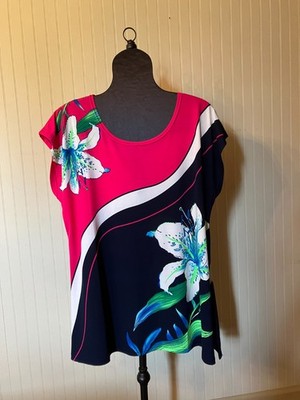 SERENGETI~Colorful Pink/Navy Hibiscus~S/SLV~Liquid Knit~Resort Wear Tunic Top~XL