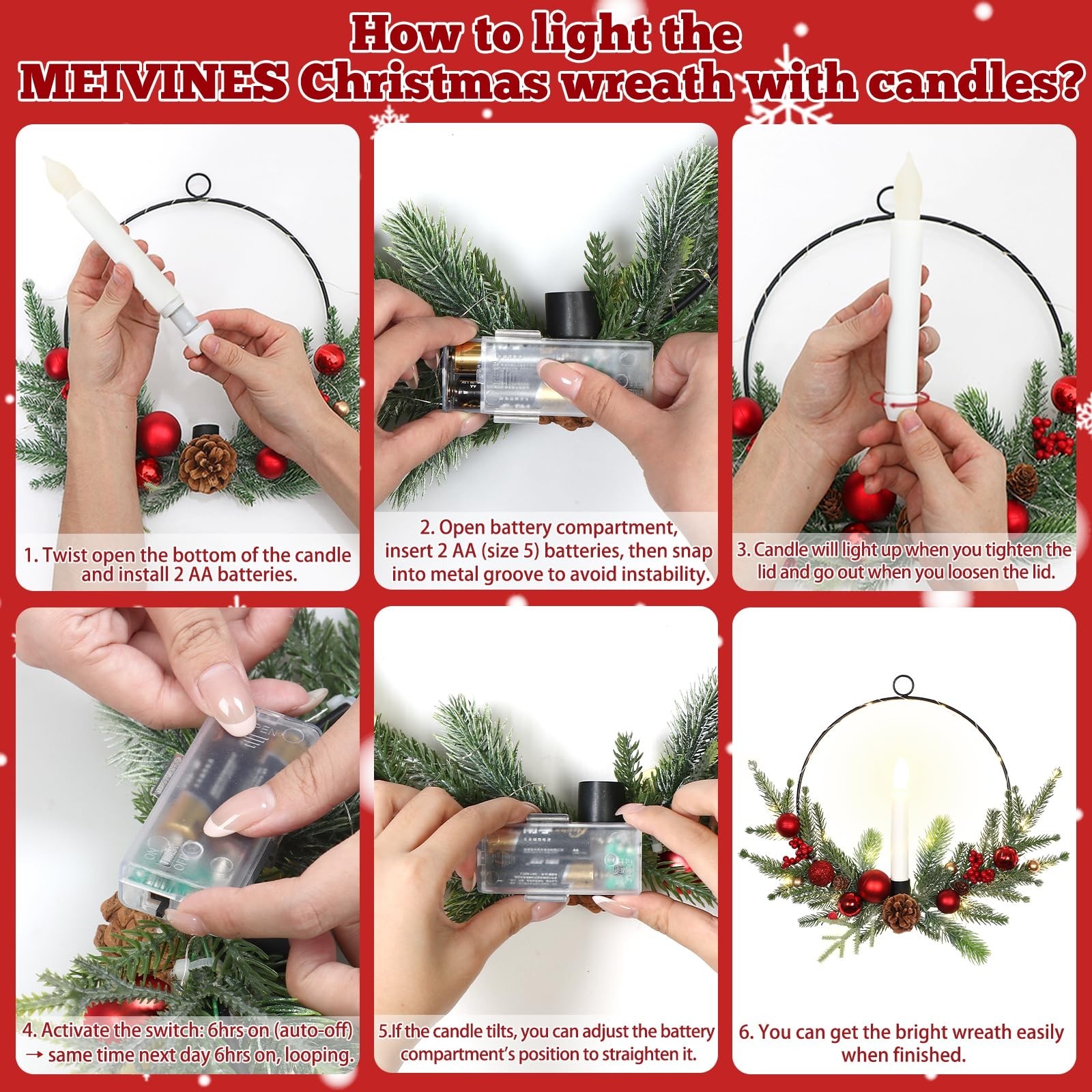 2Pack 16inch Christmas Wreath with Taper Candle Lights Christmas Wreath Outdo...