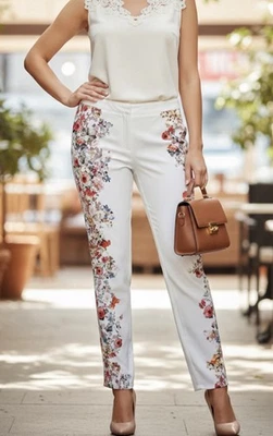 Motivi Pantalon Femme Blanc Fleuri Taille 36/38 ( M ) - Slim Chic Été - Neuf - Photo 1/4
