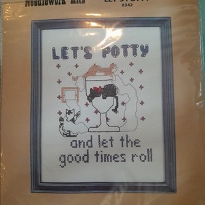 Vtg Patty Ann Creations Counted Cross Stitch Let's Potty Bathroom Needlework Kit