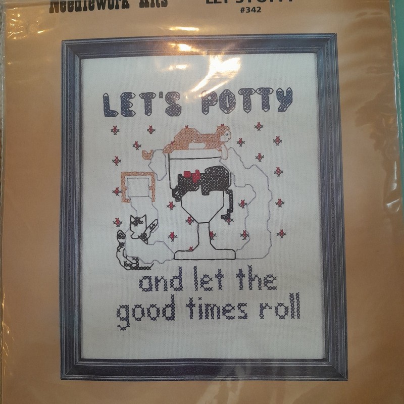 Vtg Patty Ann Creations Counted Cross Stitch Let's Potty Bathroom Needlework Kit