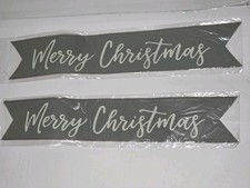 Merry Christmas Banner Gray White Glitter 4x24 Tree Decoration 2 Pc