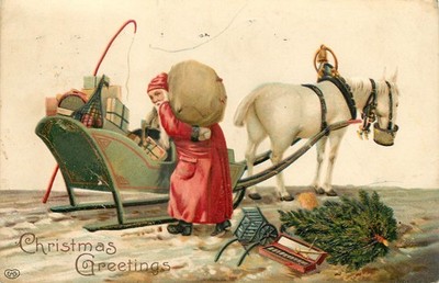 Embossed Christmas Postcard Santa Claus & Horse Drawn Sleigh EAS